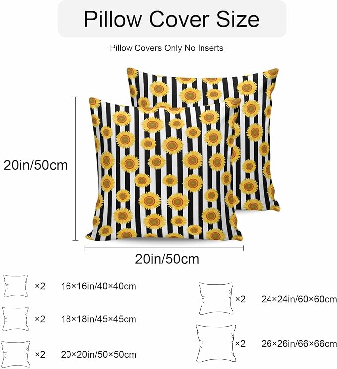 Vandarllin Outdoor Throw Pillows Covers 24x24 inch Set of 2 Waterproof Sunflower Decorative Zippered Cushion Covers for Patio Furniture, Summer Floral Black Stripes Lumbar Pillowcases
