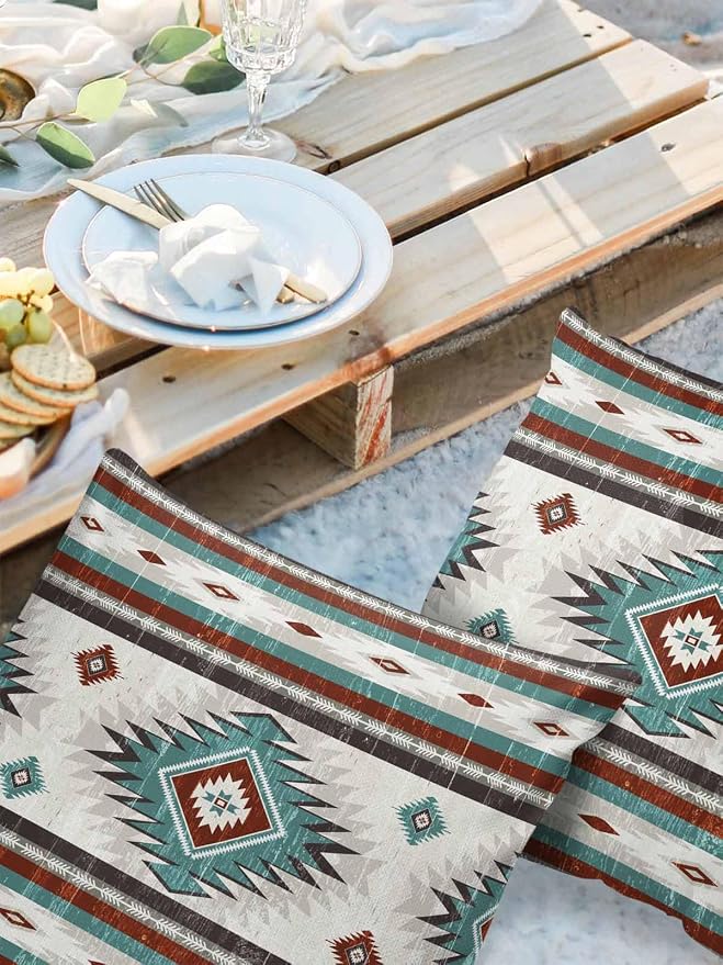Outdoor Waterproof Throw Pillow Covers Set of 2 Teal Red Boho Aztec Pillowcases 16x16 Inches Southwest Tribal Geometric Patio Decorative Pillows Cushion Case Patio Pillows for Couch Bed Chair Garden