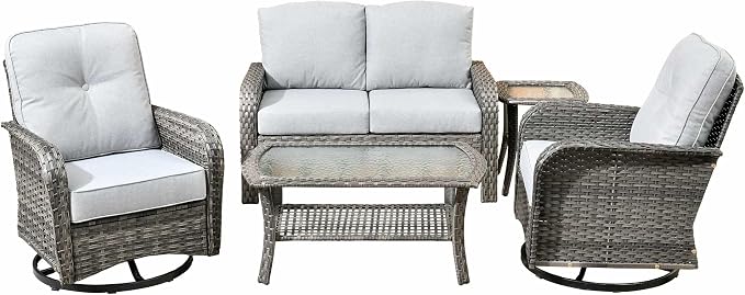 5 Pieces Outdoor Patio Furniture Set with Coffee Table, All Weather Wicker Patio Conversation Sets with Rocking Chairs, Balcony Furniture Sets for Backyard, Garden, Poolside, Grey