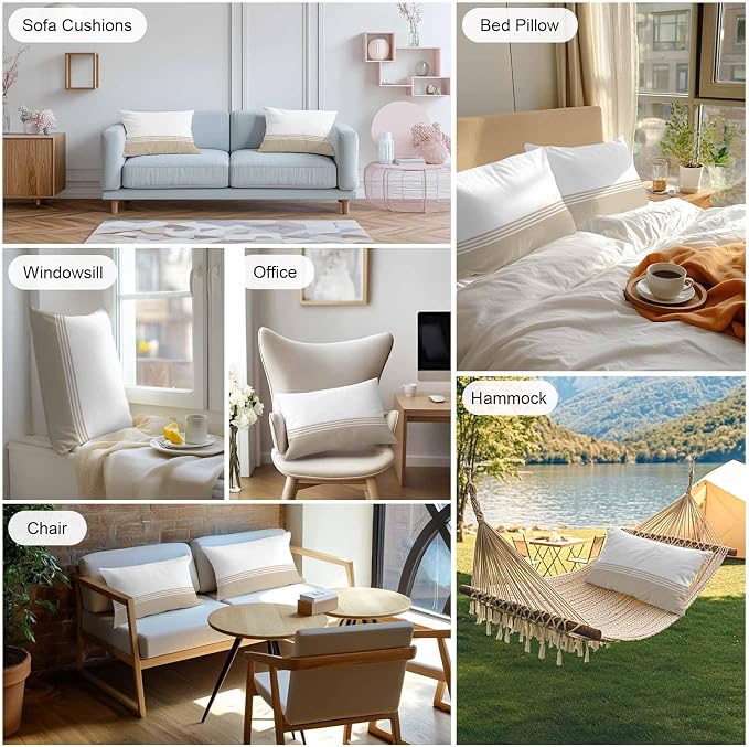 Lumbar Pillow Covers 20x12 Inch Set of 2, Beige White Striped Waterproof Outdoor Cushion Covers, Modern Abstract Art Aesthetics Decorative Pillowcases for Couch, Sofa, Bed, Garden, Patio