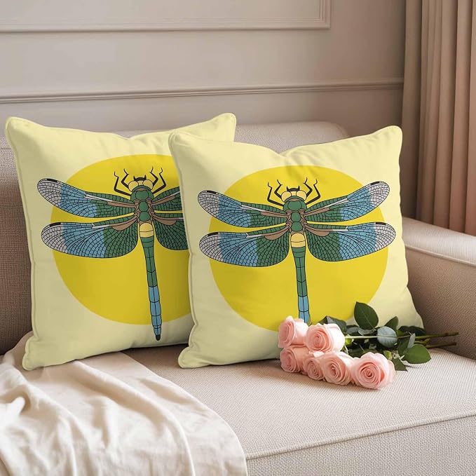 Throw Pillow Covers 20x20 Inch Set of 2, Blue Dragonfly Waterproof Outdoor Pillow Covers, Yellow Vintage Art Decorative Cushion Pillowcases for Couch, Sofa, Bed, Garden, Patio