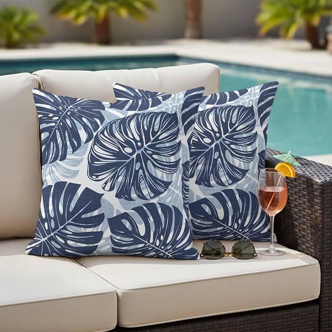 Navy Blue Leaf Outdoor Pillow Covers Set of 2 Tropical Country Watercolor Jungle Botanical Leaves Waterproof Throw Pillow Cover Decorative Cushion Cases for Patio Porch Garden 18X18 Inch