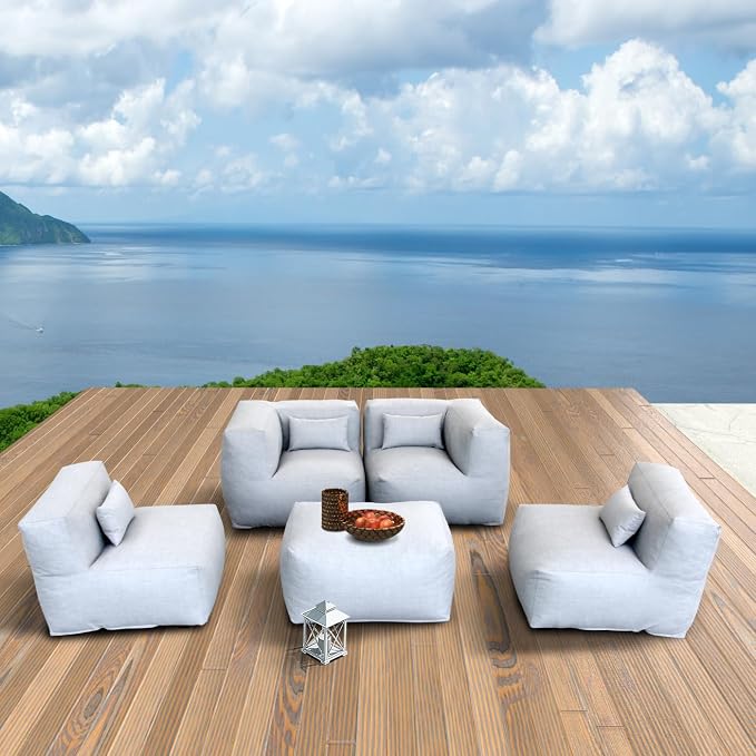 Patio Furniture Set Bean Bag Chairs Calaluna 5PC Outdoor Chairs Sectional Conversation Patio Set Daybed Furniture Outdoor Sofa Couch High Density Foam Filling Modern Comfy Patio Couch (Light Gray)