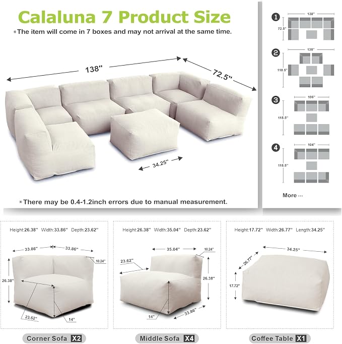 Patio Furniture Set Bean Bag Outdoor Chairs Sectional Conversation Patio Set Daybed Furniture Outdoor Sofa Couch High Density Foam Filling Modern Comfy Patio Couch (Light Beige), A01-7G