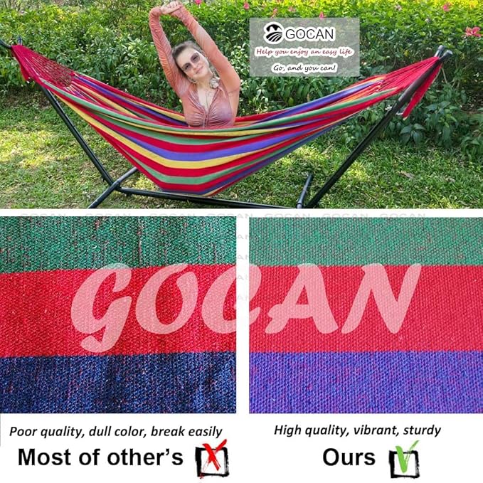 GOCAN Brazilian Double Hammock 2 Person Extra Large Canvas 250x160cm Total Length 350cm Load 500lb Cotton Hammock for Garden Outdoor and Indoor