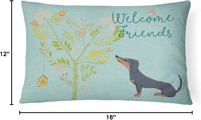 Caroline's Treasures BB7630PW1216 Welcome Friends Black Tan Dachshund Canvas Fabric Decorative Pillow Machine Washable, Indoor Outdoor Decorative Pillow for Couch, Bed or Patio, 12HX16W