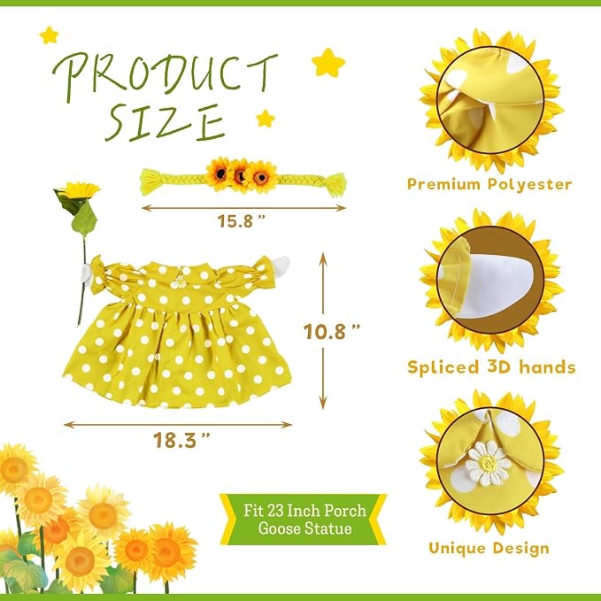 Summer Porch Goose Outfits for 23 Inch Lawn Statue | Polka Dots Sunflowers Costume for Plastic/Cement Statue, Spring Duck Sculpture Clothes for Yard Patio Party Decoration