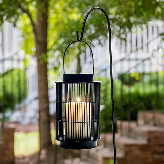 LampLust Outdoor Lanterns Decorative Spring Patio Decor, Set of 2, 8 Inch Black Metal Candle Lanterns, Battery Operated LED with Timer, Front Porch, Spring Outdoor Decorations, Modern Farmhouse Decor