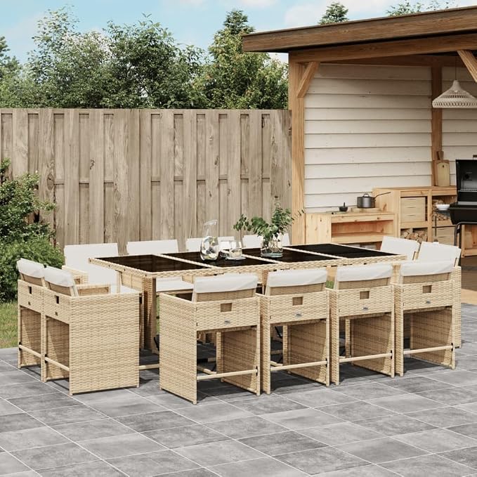 13 Piece Patio Dining Set with Cushions Beige Poly Rattan Outdoor Rattan Table and 12 Stackable Chairs with Foldable Backrest for Garden Backyard Deck Entertaining
