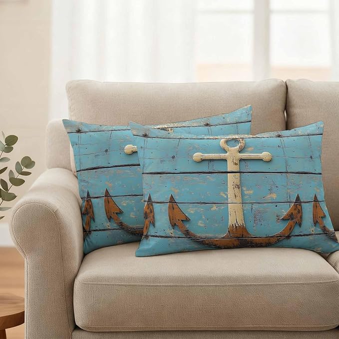 Vintage Anchor Waterproof Outdoor Pillow Covers Set of 2 Home Decor, Coastal Nautical Blue Brown Wooden Pillowcase Patio Pillow Covers for Couch Bench Furniture Garden 20x12in
