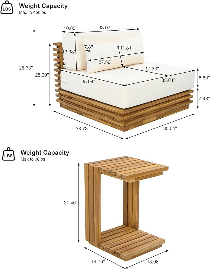 Merax Oversized Outdoor 2-Piece Chat Set with Club Chair & Side Table, Acacia Wood Frame, Natural Finish with Beige Cushions for Patio & Garden