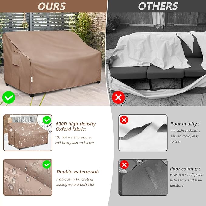3-Seater Heavy Duty Patio Bench Loveseat Cover,100% Waterproof Outdoor Sofa Cover 76" W x 32.5" D x 33" H,Patio Furniture Couch Covers(Brown)