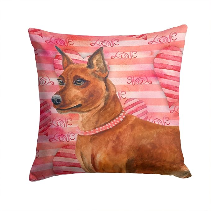 Caroline's Treasures BB9743PW1414 Miniature Pinscher Love Fabric Decorative Pillow, Red Machine Washable, Indoor Outdoor Decorative Pillow for Couch, Bed or Patio, 14Hx14W