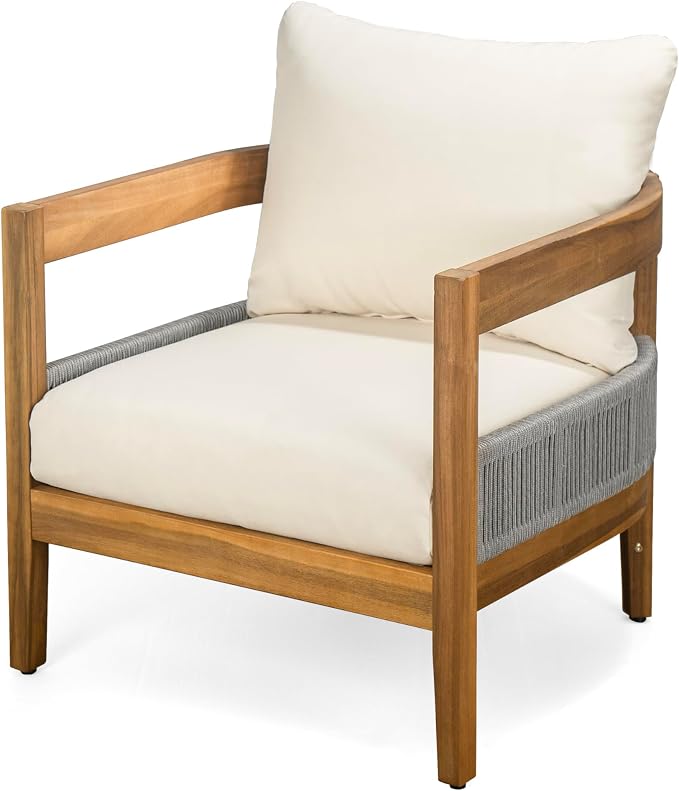 Merax 27.5" Outdoor Curved Accent Chair with All-Weather Cushions, Acacia Wood Frame Single Club Chair for Porch, Lawn, Backyard, Balcony, Teak+ Beige