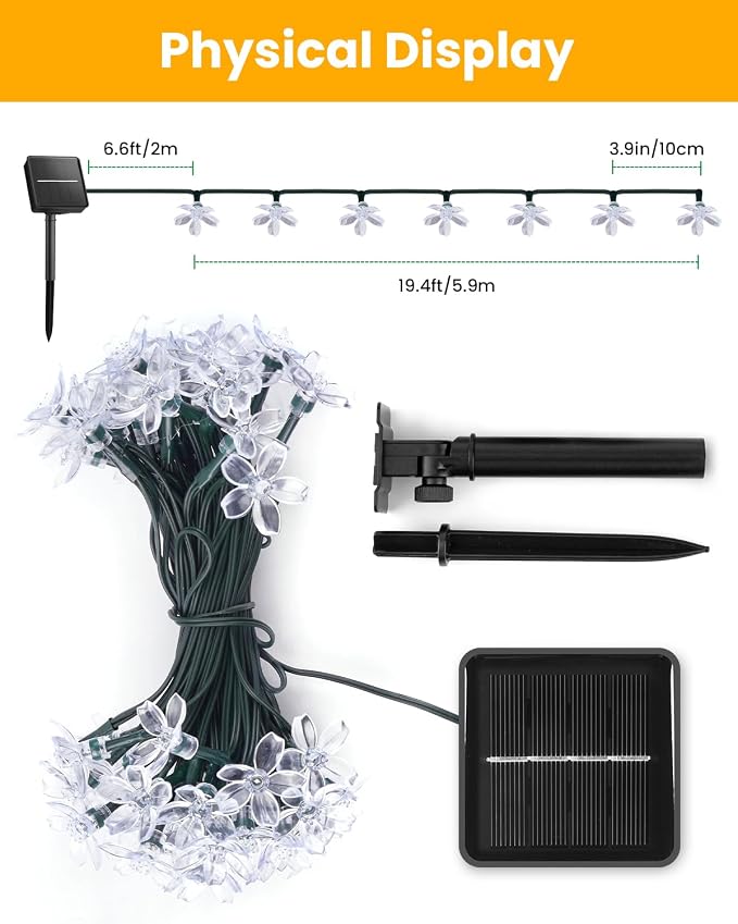 Brightown 60 LED Solar Flower String Lights Outdoor Waterproof Fairy Lights for Garden Yard Fence Patio Christmas Tree Wedding Party Decor, Pure White