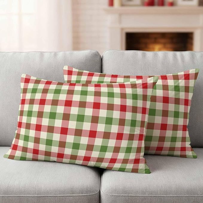 Outdoor Throw Pillow Covers,Vintage Pastoral Red Green Buffalo Gingham Waterproof Decorative Pillowcases Cushion Cover Christmas Plaid Pillow Cases for Patio Couch Sofa Bed,20x12in Set of 2