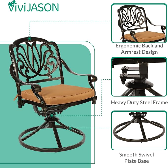 VIVIJASON 5-Piece Outdoor Patio Dining Set, All-Weather Cast Aluminum Conversation Set, Patio Furniture Set for Balcony Lawn Garden, Include 4 Swivel Dining Chairs, a 35.4" Round Table w/Umbrella Hole