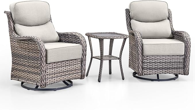 Swivel Patio Chairs Set of 3 with 6" Thick Cushion - Wicker Outdoor Swivel Rocker Patio Chairs with Side Table, High Back Comfortable Outdoor Glider Chair - Brown Wicker | Grey Cushions