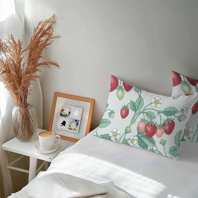 Strawberry Leaves Outdoor Pillow Covers 20"x12" Set of 2, Watercolor Red Pink Fruit Floral Mint Green Waterproof Throw Pillow Covers for Patio Furniture, Decorative Cushion Covers for Porch