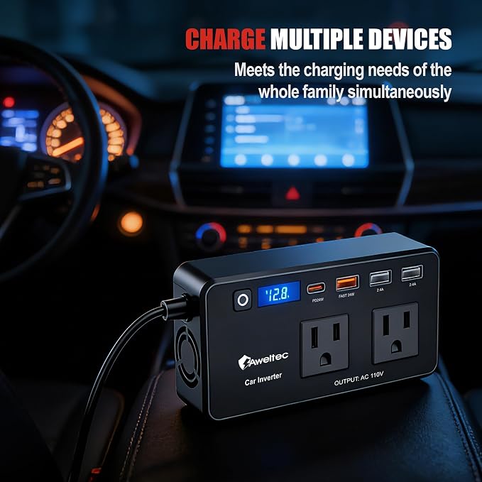 200W Power Inverter for Car – DC 12V to 110V AC Converter with LED Display & 4 USB Ports (24W PD USB-C) – Compact Vehicle Adapter for Laptop, Tablet, Phone – Road Trip Essential