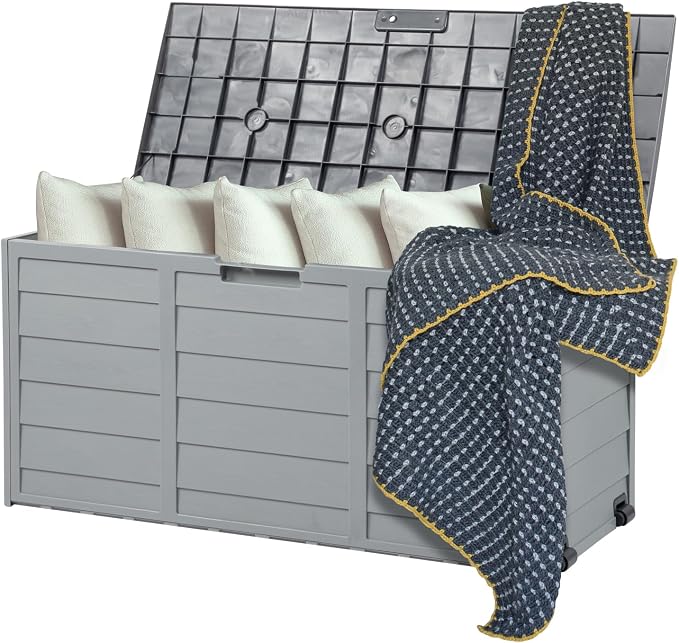 VINGLI 75 Gallon Resin Outdoor Deck Box, 75 Gallon Patio Storage Box with Side Handles, Lockable Storage Containers for Patio Furniture Cushions, Pool Accessories, Garden Tools, Grey