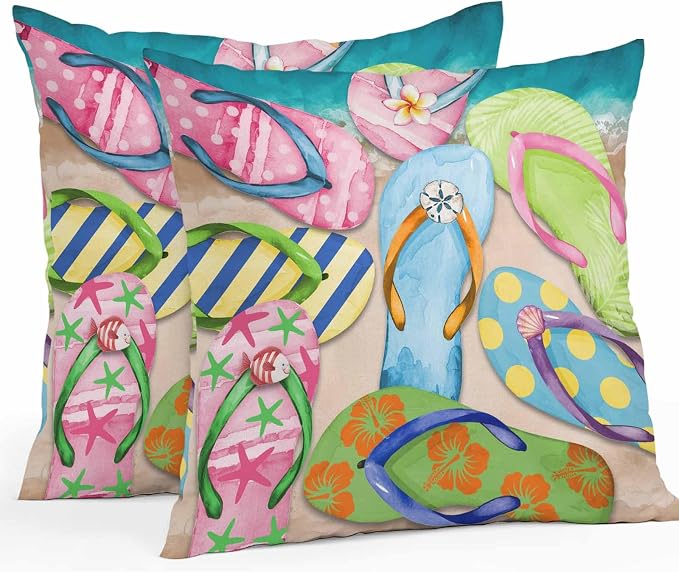 Vandarllin Outdoor Throw Pillows Covers 18x18 inch Set of 2 Waterproof Flip-Flops Decorative Zippered Cushion Covers for Patio Furniture, Summer Sandy Beach Lumbar Pillowcases