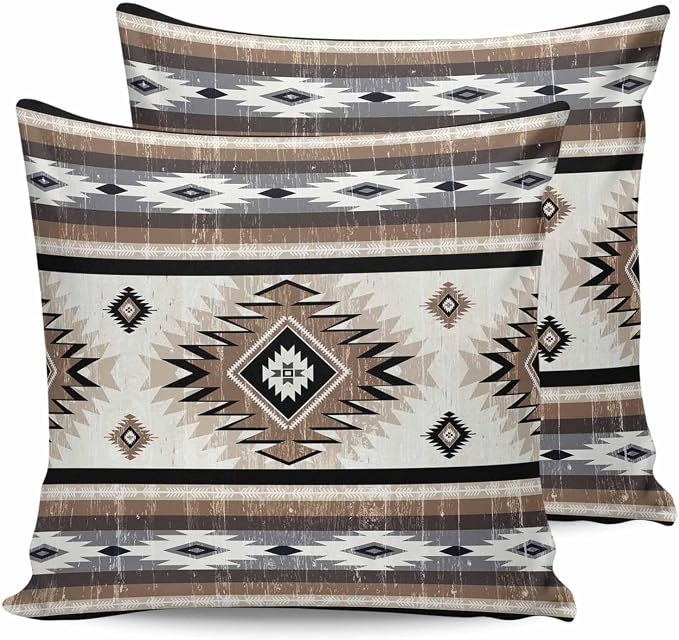 Outdoor Waterproof Throw Pillow Covers Set of 2 Brown Grey Boho Aztec Pillowcases 18x18 Inches Southwest Tribal Geometric Patio Decorative Pillows Cushion Case Patio Pillows for Couch Bed Chair Garden