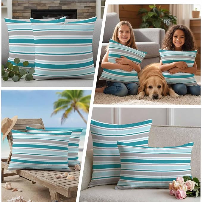 Grey Blue Striped Outdoor Pillow Cover 24x24 Inch Cushion Sham Case, Farmhouse Stripes Modern Abstract Art Waterproof Decorative Square Throw Pillowcase for Outside Garden Patio Porch Couch Chair Tent