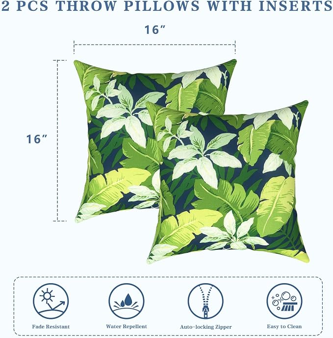 LVTXIII Outdoor Throw Pillows 16x16 Inch, Set of 2 Square Decorative Pillows with Inserts for Patio Furniture, Porch Chair, Garden Sofa, Jungle Leaves