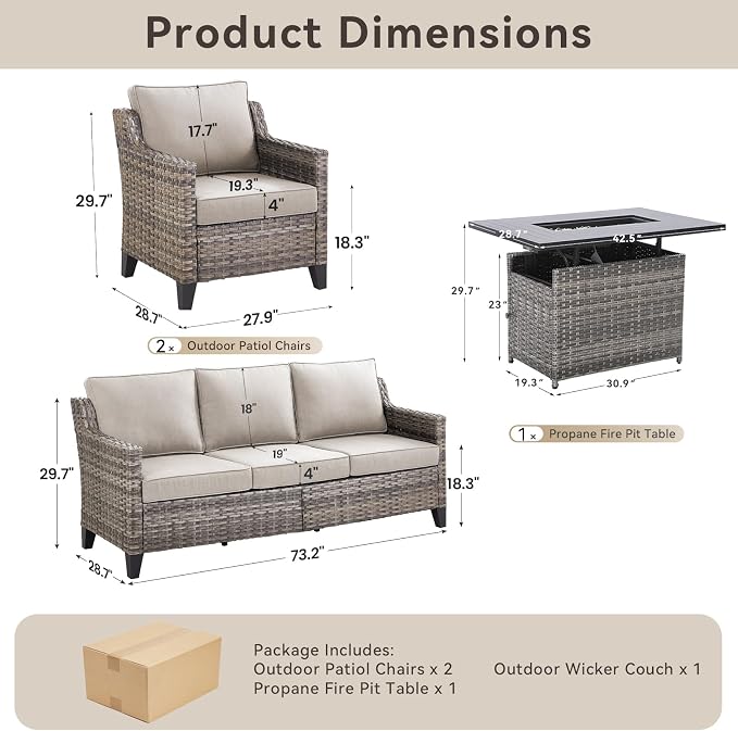 Patio Furniture Set with 42.5" Fire Pit Table-4 Pieces All Weather Wicker Outdoor Furniture with High Back Wicker Patio Chairs Set of 2 Outdoor Couch for Deck Backyard Beige/Gray
