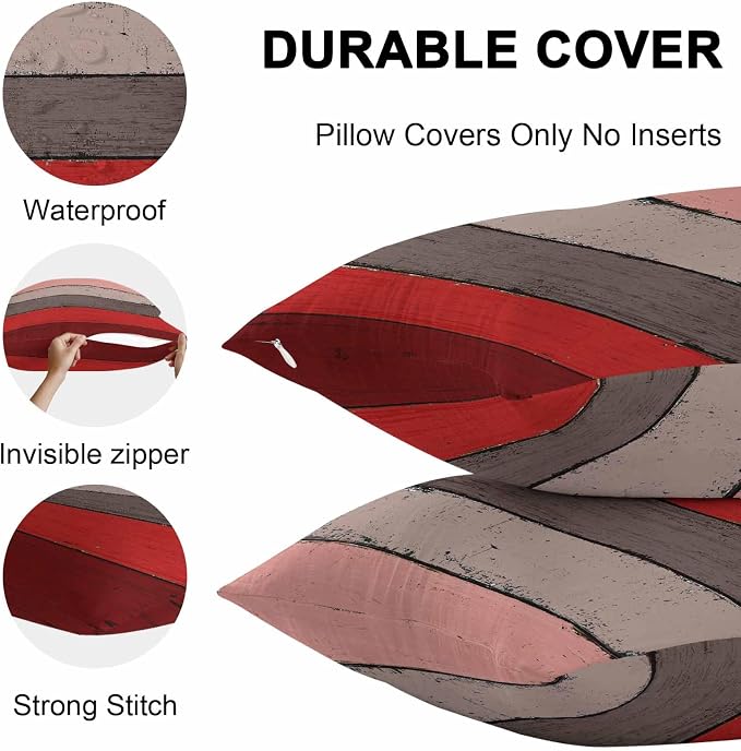 Outdoor Throw Pillow Covers 26X26 Set of 2 Waterproof Ombre Christmas Red Brown Decorative Zippered Cushion Covers for Patio Furniture, Farmhouse Retro Rustic Barn Wood Texture Lumbar Pillowcases