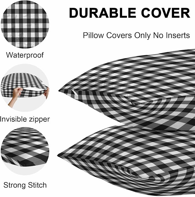 Outdoor Waterproof Throw Pillow Covers Set of 2 Black White Buffalo Plaid Pillowcases 18x18 Inches Pastoral Checked Decorative Pillows Cushion Case Patio Pillows for Couch Bed Chair Garden