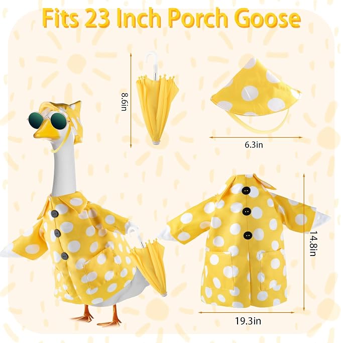Porch Goose Outfits Summer with Sunglasses & Umbrella & Hat, Polka Dots | For 23" Cement Plastic Goose Statue, Autumn Costumes, Garden Lawn Decor, Goose Costume for Yard Statues, Hawaiian Style