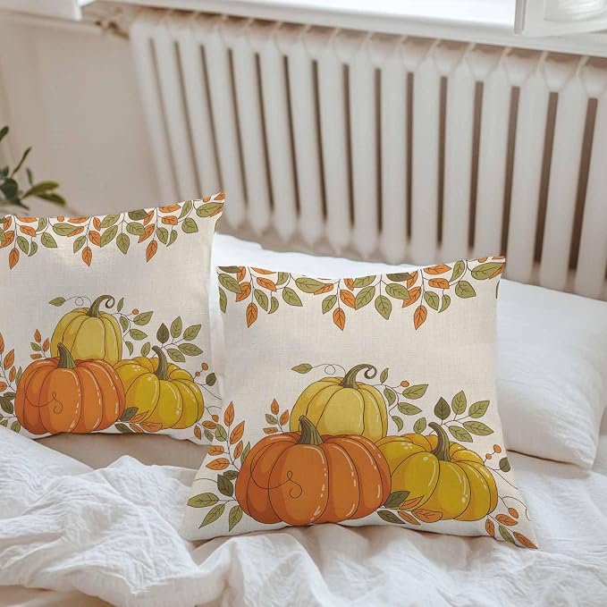 Orange Pumpkins Outdoor Waterproof Pillow Covers, Fall Yellow Leaves Vintage Beige Rustic Decorative Square Throw Pillowcase Sofa Cushion Sham for Patio/Couch/Chair, 24"x24" 2 Pack