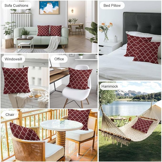 Deep Red Morocco Outdoor Pillow Covers 24x24 Inch Throw Pillow Covers Set of 2 Waterproof Decorative Pillow Cases Retro Farmhouse Quatrefoil Plaid Cushion Covers for Patio Furniture Garden Couch Sofa