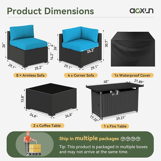 Aoxun 15 Piece Patio Furniture Set with 44” Fire Pit Table, Wicker Rattan Patio Sectional Sofa, Outdoor Furniture Set with Thickened Cushion, Peacock Blue
