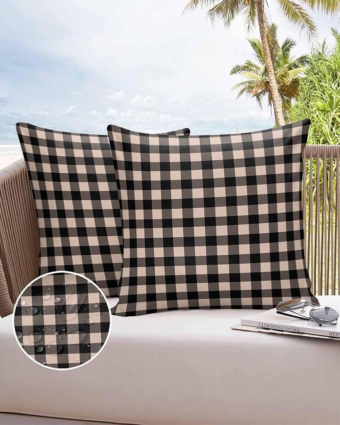 Outdoor Waterproof Throw Pillow Covers Set of 2 Beige Buffalo Plaid Pillowcases 16x16 Inches Pastoral Black Checked Decorative Pillows Cushion Case Patio Pillows for Couch Bed Chair Garden