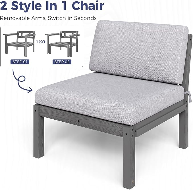 Modular Outdoor Patio Furniture Arm Seat, HIPS All-Weather Outdoor Sectional Sofa with High-Density Thick Cushions, Easy Side Interlock, Patio Seat for Backyard, Balcony, Deck (Grey)
