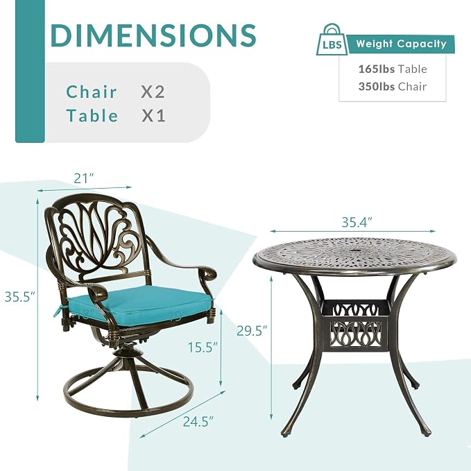 MEETWARM 3-Piece Outdoor Patio Dining Set, All-Weather Cast Aluminum Patio Conversation Set - 2 Cushions Swivel Rocker Chairs and 35.4" Round Table for Backyard Garden Deck, Umbrella Hole, Ocean Blue