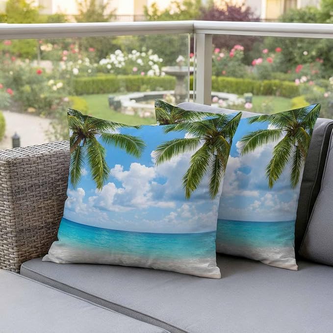 Yukro Tropical Beach Outdoor Waterproof Pillow Covers Pack of 2, Starfish Palm Tree Sky Coastal Throw Pillowcases Decorative Cushion Covers for Garden Patio Tent Sofa Couch, 26x26 inch