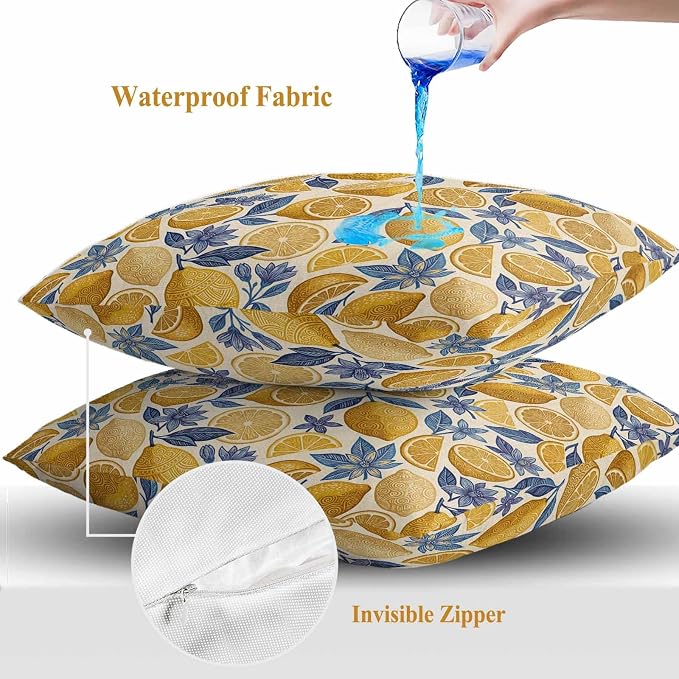 Summer Fruit Outdoor Waterproof Pillow Covers Pack of 2, Watercolor Yellow Lemon Blue Flowers Rustic Retro Throw Pillowcases Decorative Cushion Covers for Garden Patio Tent Sofa Couch, 26x26 inch