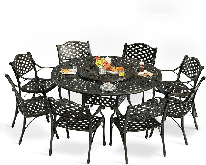 9-Piece Patio Furniture Dining Set, All Weather Cast Aluminum Outdoor Conversation Set- 8 Chairs & 61" Round Patio Dining Table with Detachable Lazy Susan, 2" Umbrella Hole, Dark Bronze