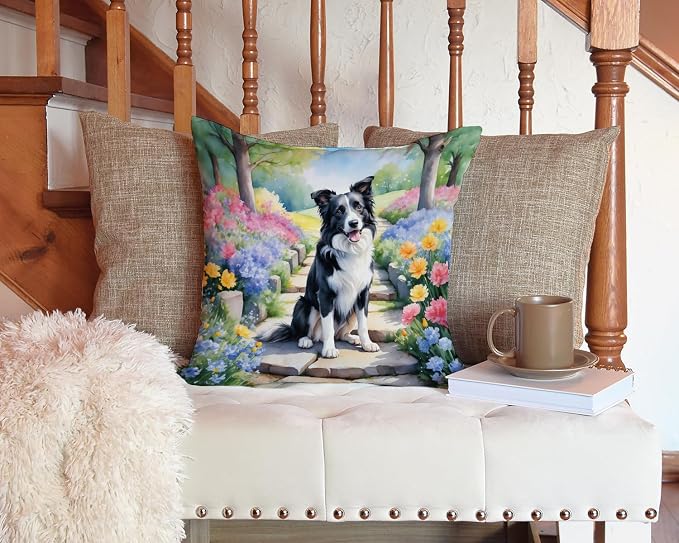 Caroline's Treasures Border Collie Spring Path Throw Pillow Machine Washable, Indoor Outdoor Decorative Pillow for Couch, Bed or Patio, 14Hx14W