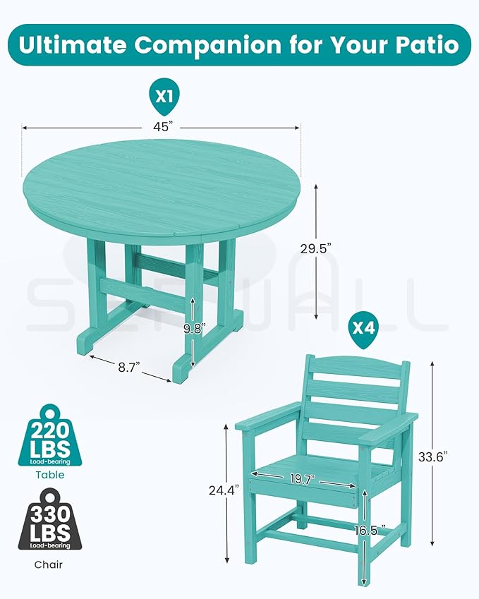 SERWALL 6-Piece Patio Dining Sets, HDPE Outdoor Table and Chairs Furniture Set with Umbrella, 45" Round Dining Table & 4 Dining Chairs & 1 9FT Umbrella, Aruba(Not Include Umbrella Base)