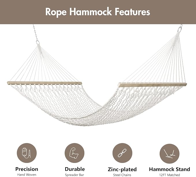 ANOW 2 Person Hammock with Spreader Bars, Rope Hammock with Pad for Outside, 450 LBS Weight Capacity, Light Brown