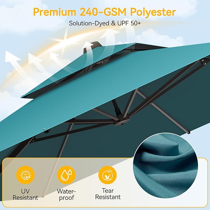 10x10 FT Patio Cantilever Umbrella (Base Not Included) (Base Not Included), Rectangular Heavy Duty Offset Umbrella for 6-8 People, 360°Rotation & Mult Tilt, Double Top Design, for Pool Garden Deck (Turquoise)