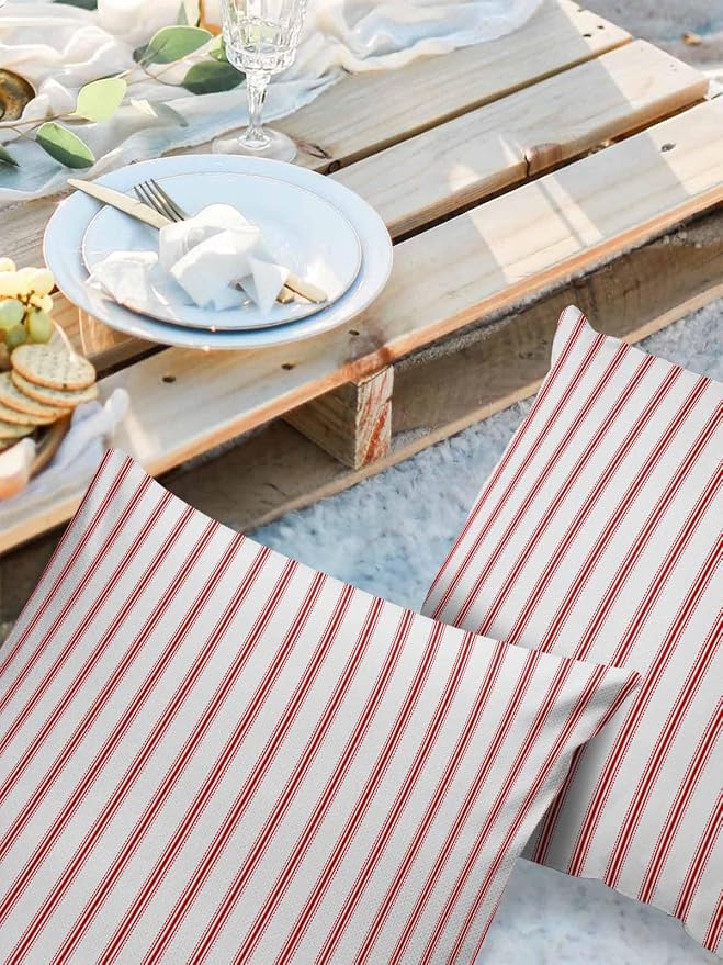 Outdoor Waterproof Throw Pillow Covers Set of 2 Red Stripes Pillowcases 20x20 Inches Red Beige Vertical Striped Patio Decorative Pillows Cushion Case Patio Pillows for Couch Bed Chair Garden