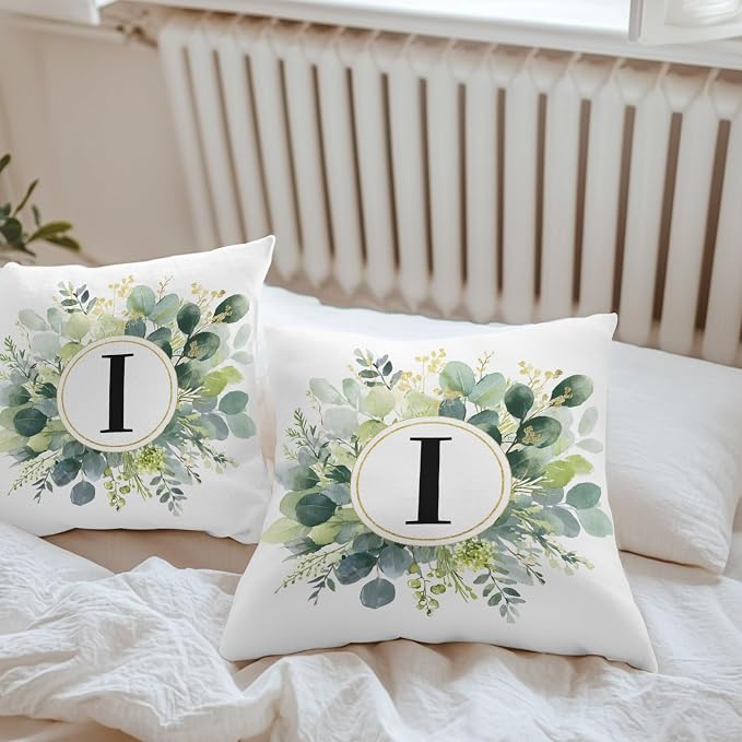 Letter I Waterproof Outdoor Pillow Covers Set of 2 Home Decor, Alphabet Green Eucalyptus Leaves Pillowcase Patio Pillow Covers for Couch Bench Patio Furniture Garden 24x24in