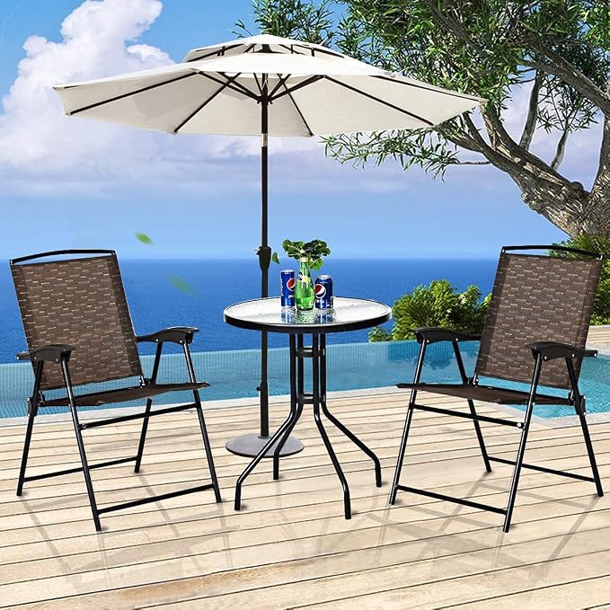 SPSUPE 3 PCS Outdoor Patio Set, Dining Furniture Set with Round Table, 2 Folding Chairs, Glass Tabletop, Ideal for Garden Pool Backyard Versatile Bistro Set