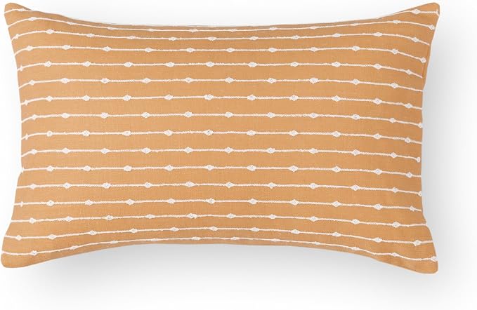 Modern Farmhouse Fall Linen Indoor Outdoor Lumbar Pillow Cover Only, 12"x20" Water Repellent for Patio, Backyard, Couch, Mustard Yellow Neutral Embroidered Stripes